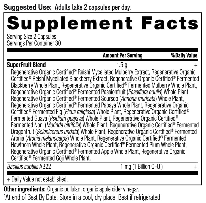 Ancient Nutrition Regenerative Organic Certified SuperFruits Capsules, Supports Gut and Immune System Health, Made with Probiotics, Dragonfruit, Mulberry, and Goji, 60 Count Ancient Nutrition