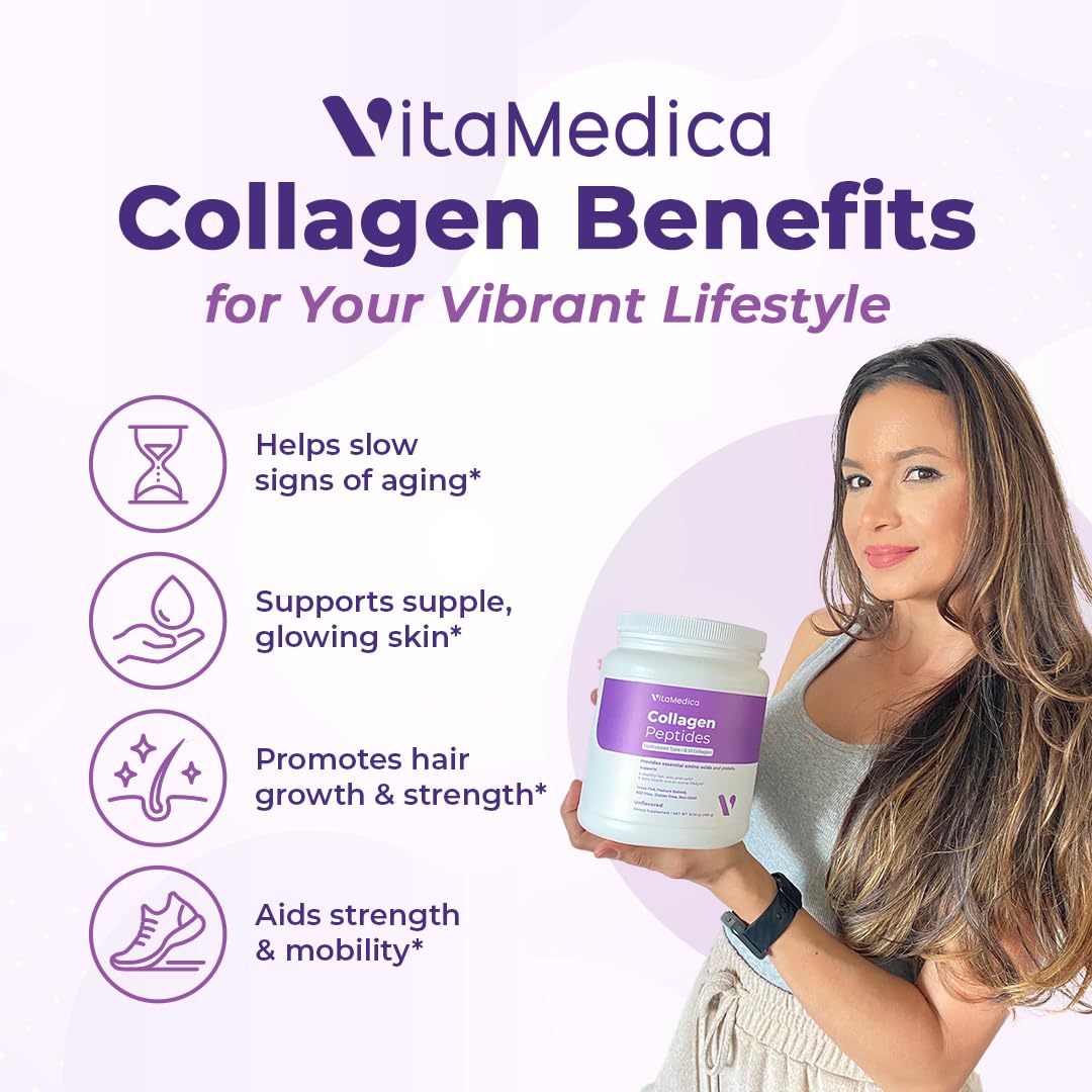 VitaMedica Collagen Peptides Powder for Women & Men - Healthy Hair, Skin, Nails, Bones and Joints - Hydrolyzed Types I & III, Grass-Fed, Pasture-Raised Protein, Zero Sugar - 30 Servings VitaMedica