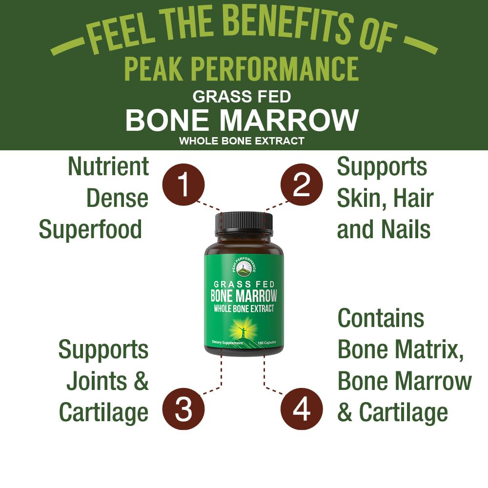 Peak Performance Grass Fed Bone Marrow - Whole Bone Extract Supplement 180 Capsules. Superfood Pills Rich in Collagen, Vitamins, and Amino Acids. from Matrix, Marrow, Cartilage. Ancestral Tablets Peak Performance