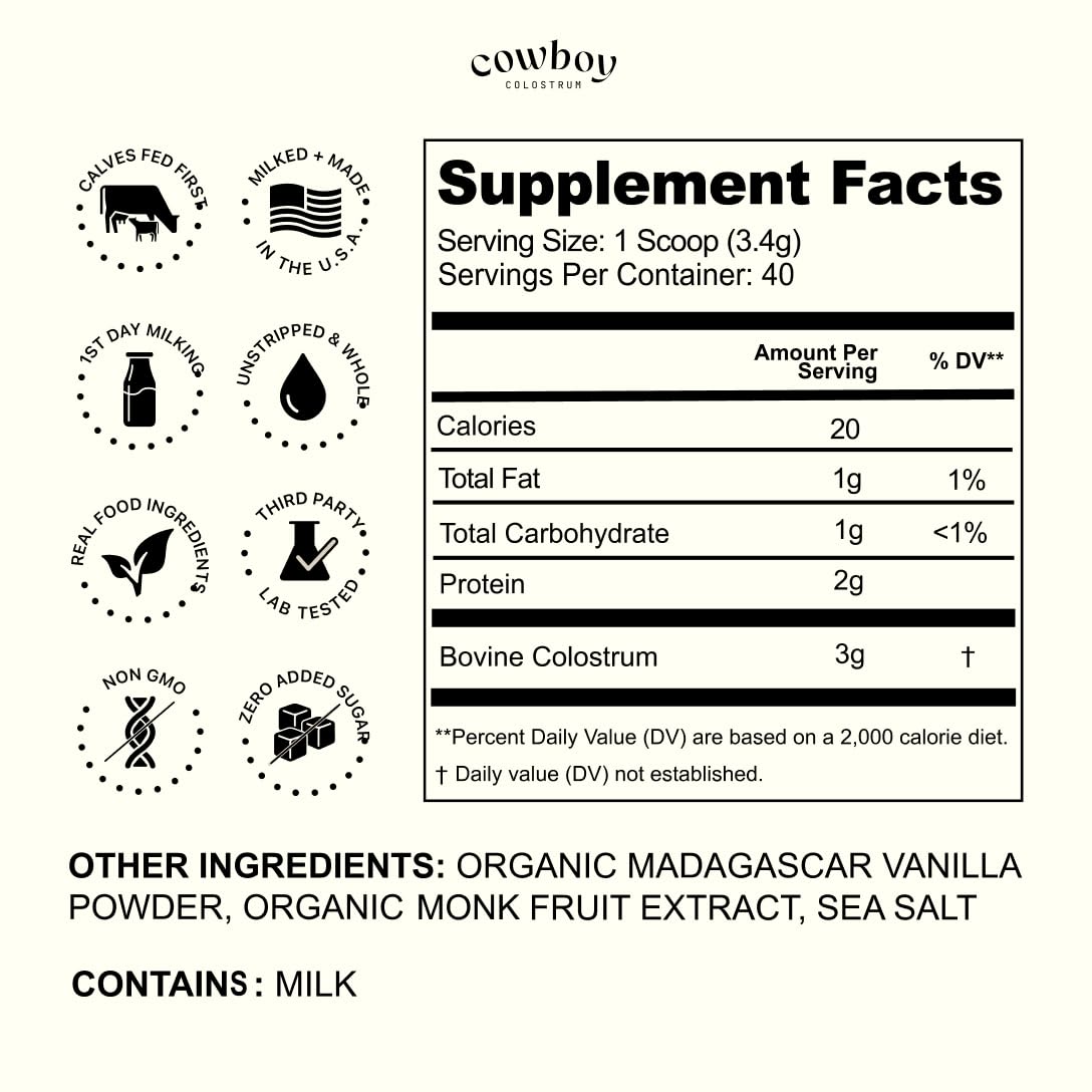 Cowboy - The Exclusive 1st Milking, Whole, Grass Fed Colostrum Supplement for Full Body Health - Bovine Colostrum Powder Packed w/Bioactive Nutrients - Sugar Free (Vanilla, 40 Servings) COWBOY COLOSTRUM