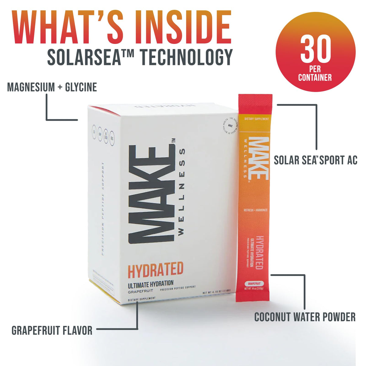 Make Wellness HYDRATED | 30 Servings | Grapefruit Flavor | Supports Hydration & Electrolyte Balance | Bioactive Peptide Blend for Daily Overall Wellness Make Wellness