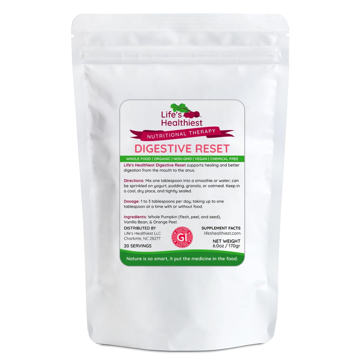 Life's Healthiest Digestive Reset Whole Food Therapy Powder Blend - 100% bioavailable nutrients from Whole Food. Organic, Plant-Based, Non-GMO, Clean and raw. 60 Servings. The Beet Lady