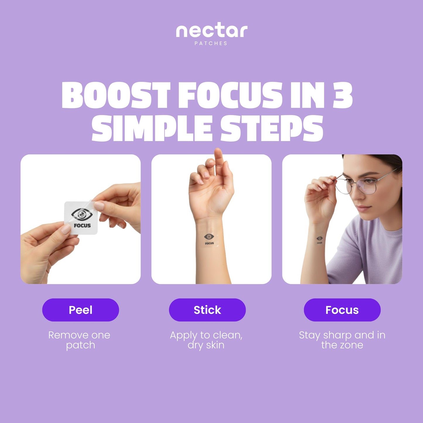 Nectar Focus Patches | Natural Cognitive Support with Ginkgo Biloba, Bacopa & Magnesium for Memory – Mental Clarity Neuro Patches for Work, Study – Clean Plant-Based Nootropic Alternative | 30 Count Nectar Patches