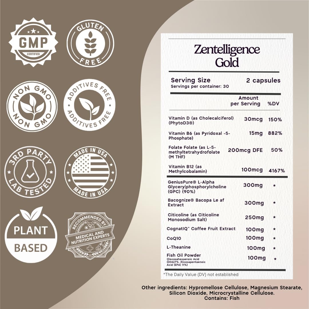 Zen Principle Zentelligence™ Gold Brain Supplement – Memory, Focus & Mental Clarity. Premium Cognitive Support for Adults 40+ with Magnesium, Vitamin D3, CoQ10, Vitamin B12 & L-Theanine. 60 Capsules Zen Principle