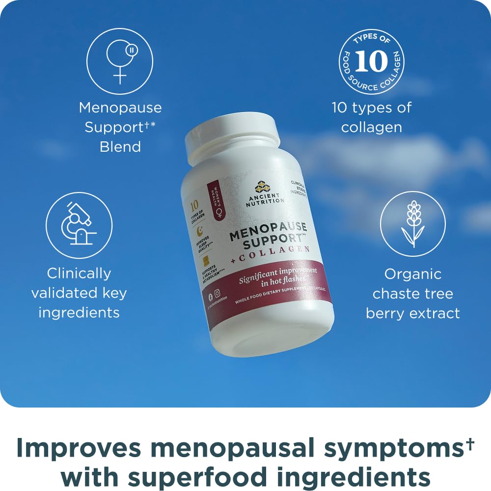 Ancient Nutrition Menopause Support + Collagen Supplement, Hydrolyzed Collagen Peptides, Key Clinically Validated Superfoods, Significant Improvement in Hot Flashes and Sleep Quality, 60 Capsules Ancient Nutrition