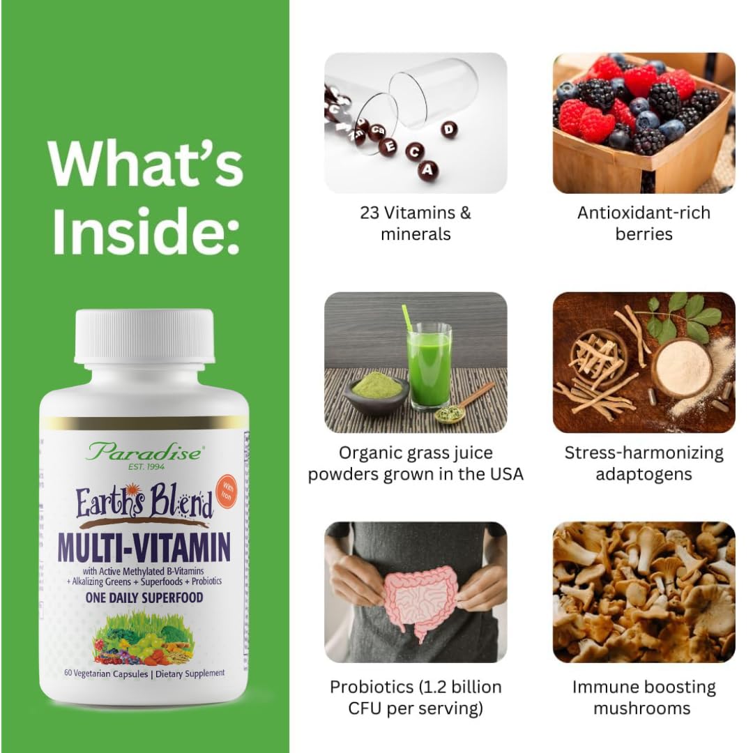 Paradise Herbs Earth's Blend Once Daily Multivitamin with Iron, 48 Organic Superfoods, Probiotics, Antioxidants, Vitamins A, B12, C, D, K2, 60 Capsules Paradise Herbs