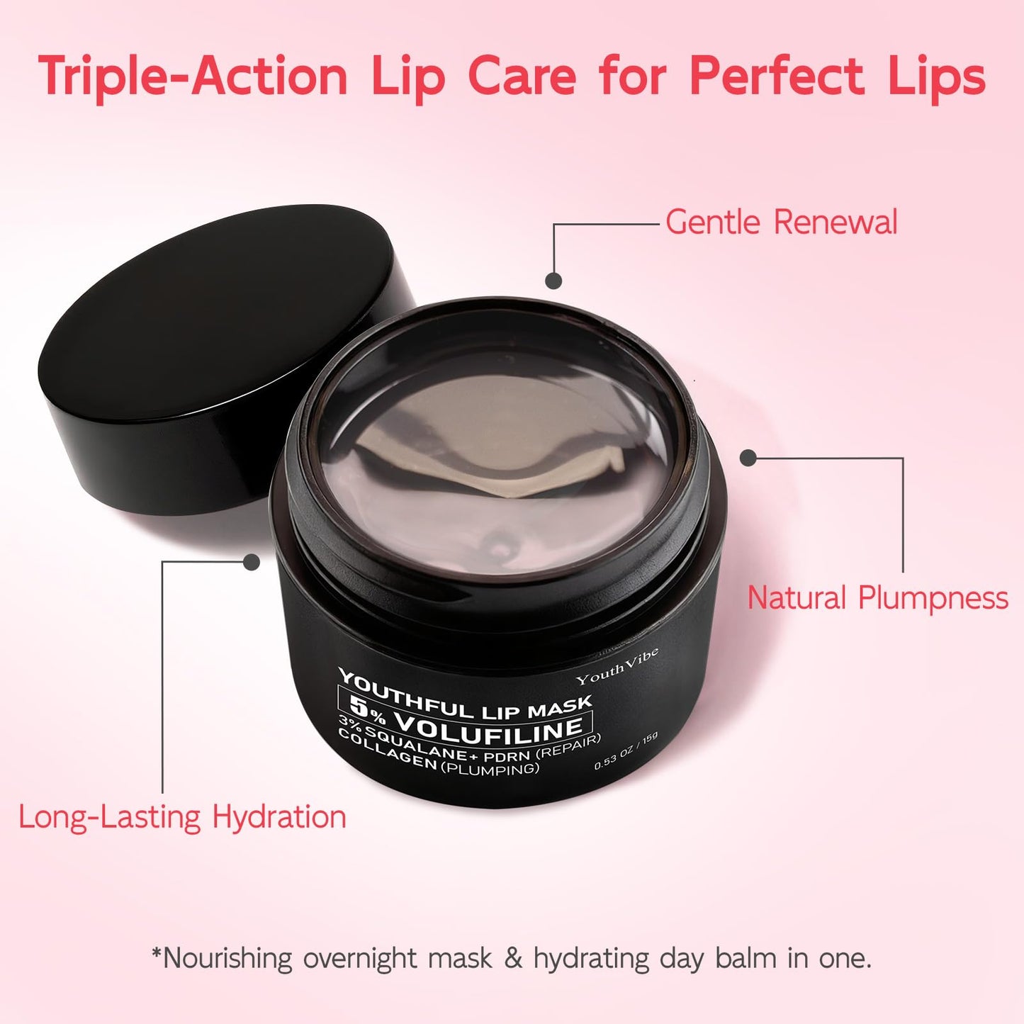 YouthVibe Lip Mask Overnight Moisturizing - Nourish & Hydrate, Antioxidants, 5% Volufiline YouthVibe