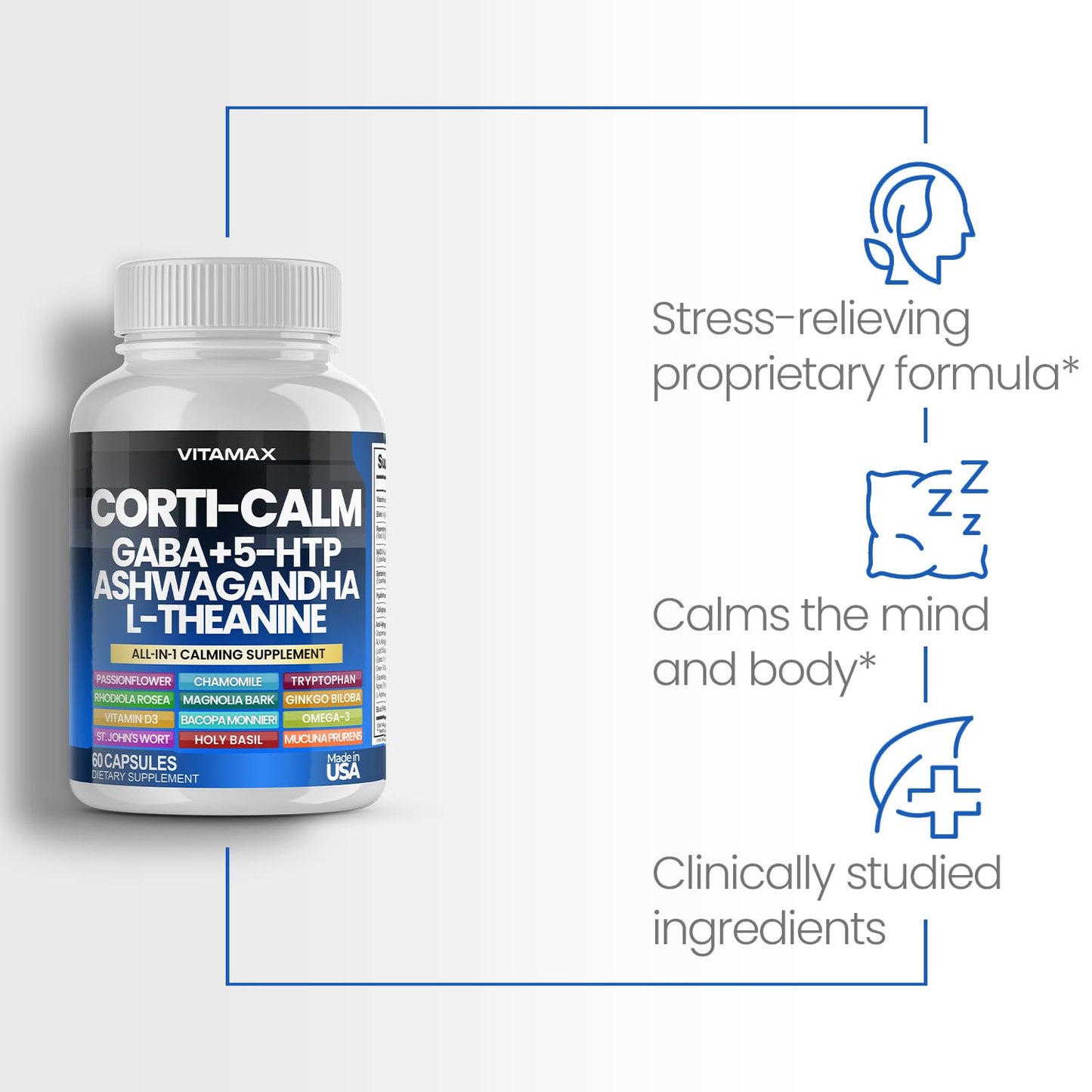 Corti-Calm Cortisol Supplement, L Theanine, Ashwagandha, Vitamin D 3, GABA for Relaxation, Fatigue & Focus with Ginkgo Biloba, Bacopa Monnieri, 5-HTP – Non-GMO, Made in USA – 60ct Vitamax