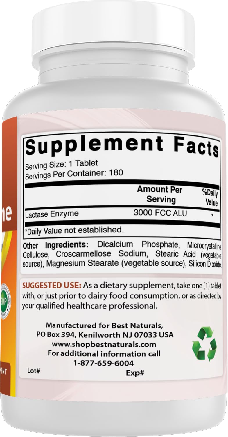 Best Naturals Fast Acting Lactase Enzyme Tablet, 3000 Fcc Alu, 180 Count Best Naturals