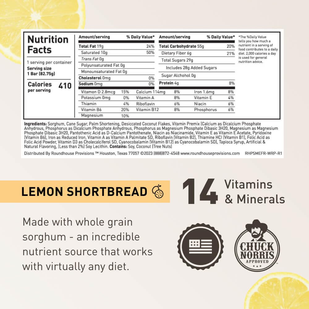 Roundhouse Provisions by Chuck Norris Emergency Food Bars - High Calorie Lemon Shortbread, 14 Vitamins & Minerals - Whole Grain Sorghum, 5-Year Shelf Life - Survival Rations for Crisis & Adventure ROUNDHOUSE PROVISION