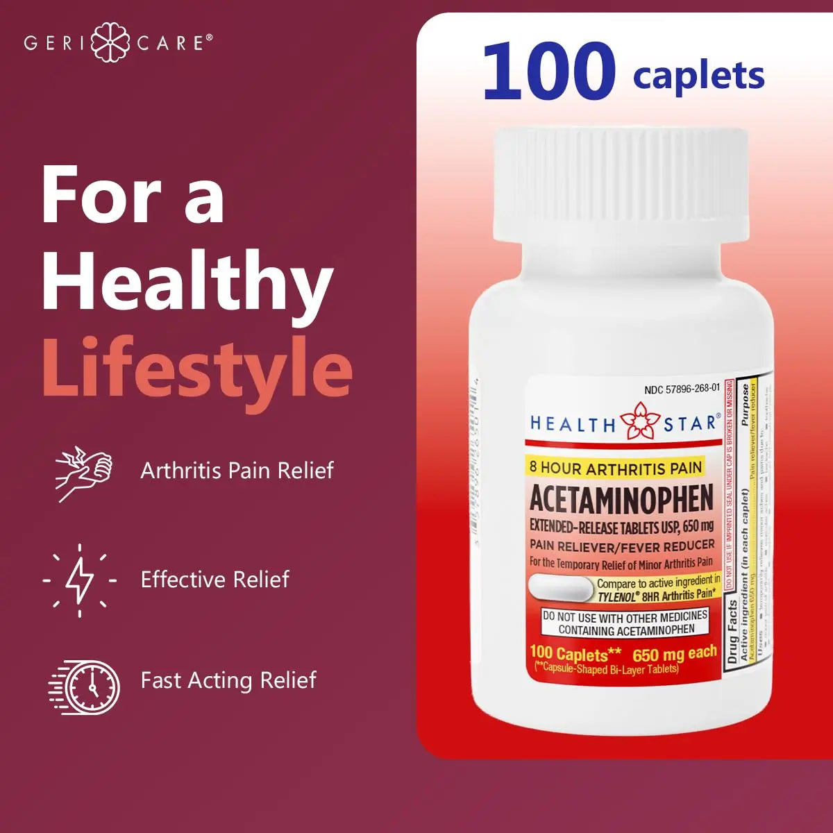 GeriCare Acetaminophen Extended-Release Arthritis 650mg Caplets, Pain Reliever, Arthritis Symptoms, Fever Reduction, 100 Count (Pack of 1) GeriCare