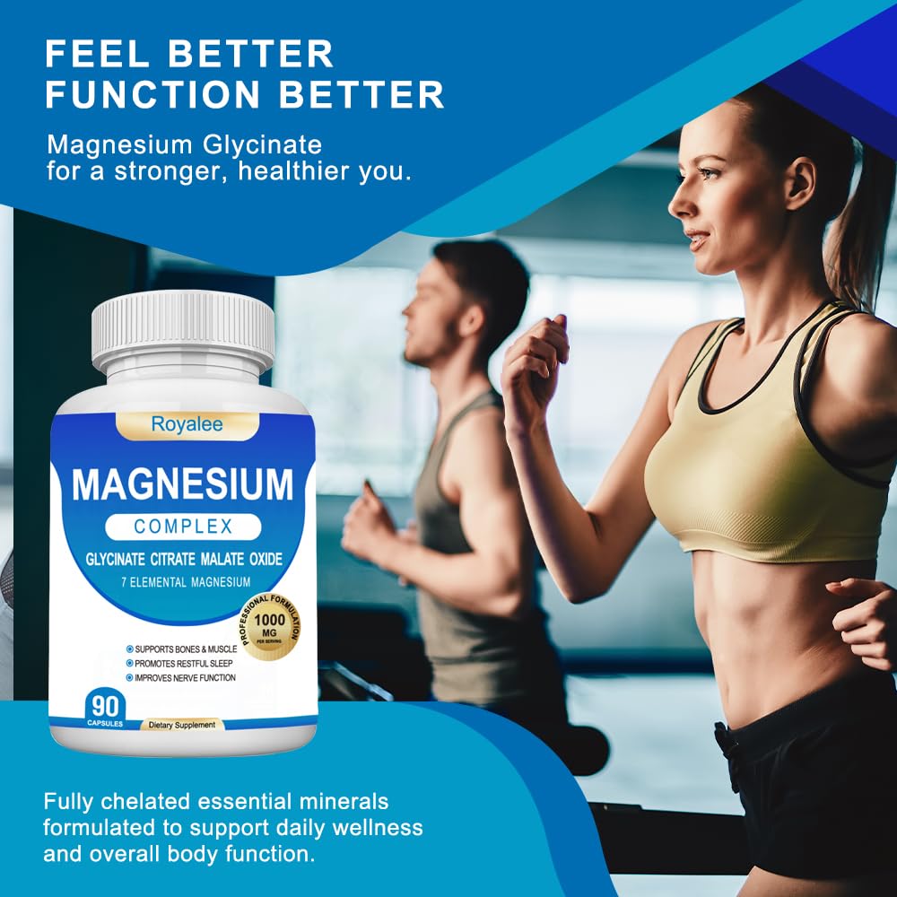 Magnesium Complex Supplement - 1000mg with 7 Magnesium Forms Including Glycinate, Citrate, Malate, Taurate & Orotate - Supports Relaxation, Muscle Function & Bone Strength - 90 Capsules Royalee