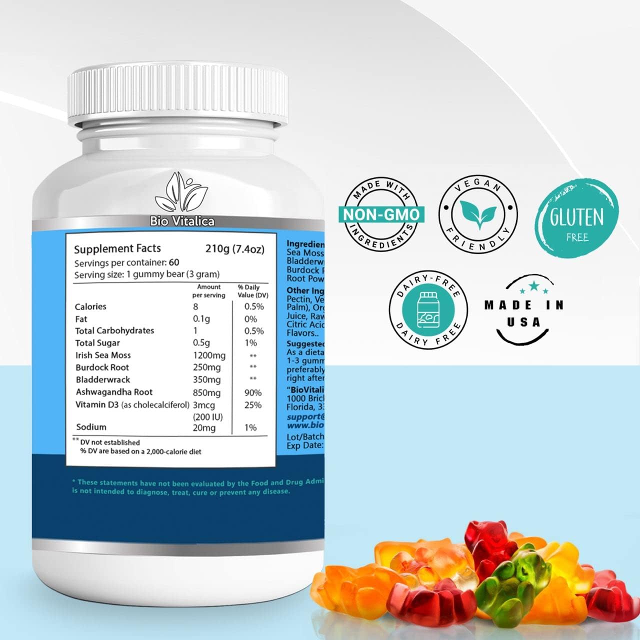 BIO VITALICA Sea Moss Ashwagandha Gummies - Organic Irish Seamoss & Ashwagandha Root Supplements for Supporting Energy for Men & Women, 60 Vegan Gummies BIO VITALICA