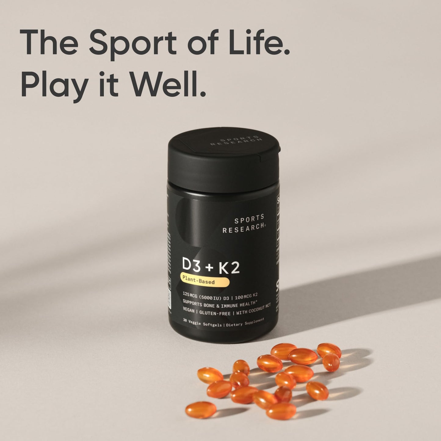 Sports Research® Vitamin D3 + K2 with 10,000iu of Plant-Based D3 & 100mcg of Vitamin K2 as MK-7 | Non-GMO Verified & Vegan Certified 60ct Sports Research