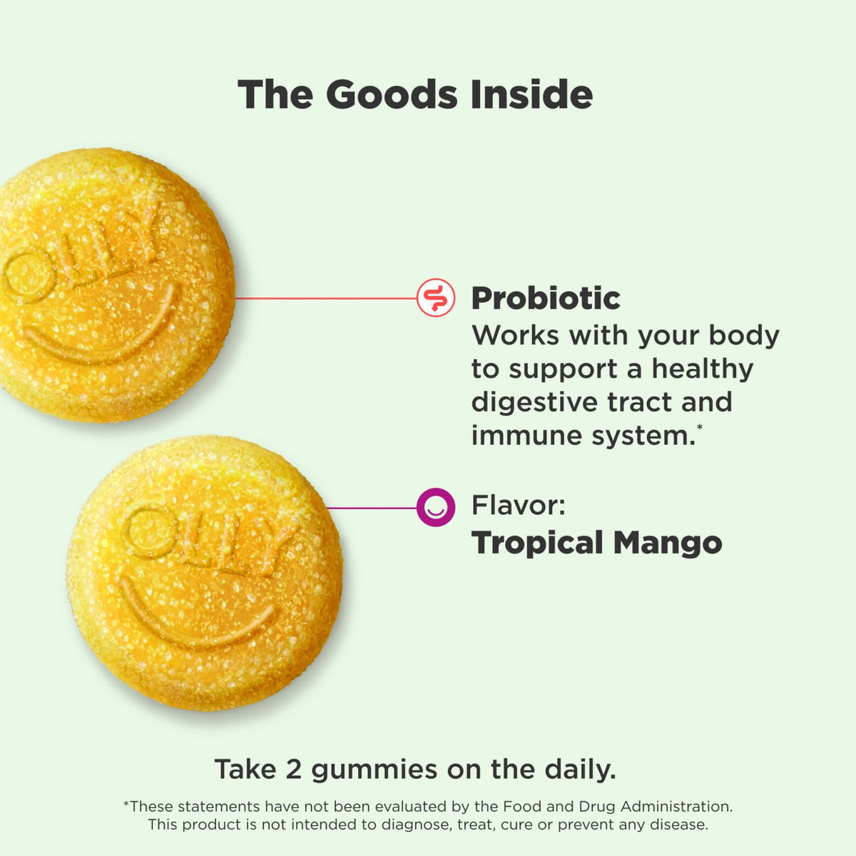 OLLY Probiotic Gummy, 1 Billion CFUs, Immune and Digestive Support, Chewable Probiotic Supplement, Mango, 80 Count OLLY
