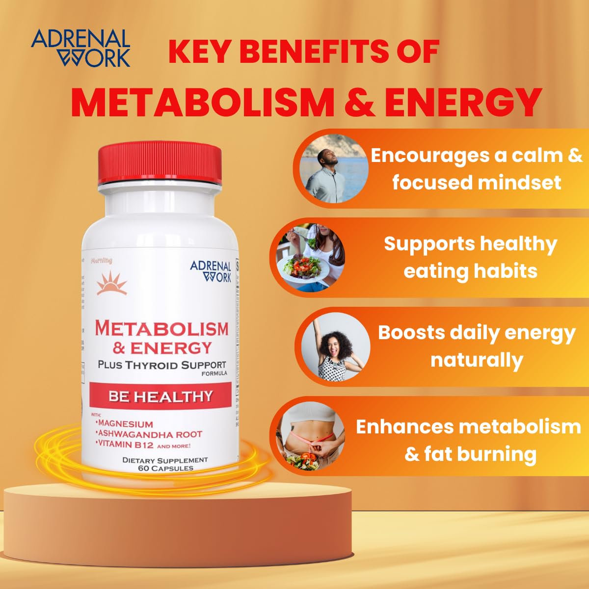 Adrenalwork Adrenal Support Supplement - Organic Ashwagandha Capsules for Stress Relief, Calm Energy & Focus - Adaptogen Blend with Rhodiola & Holy Basil - Men & Women - 60 Capsules Adrenalwork