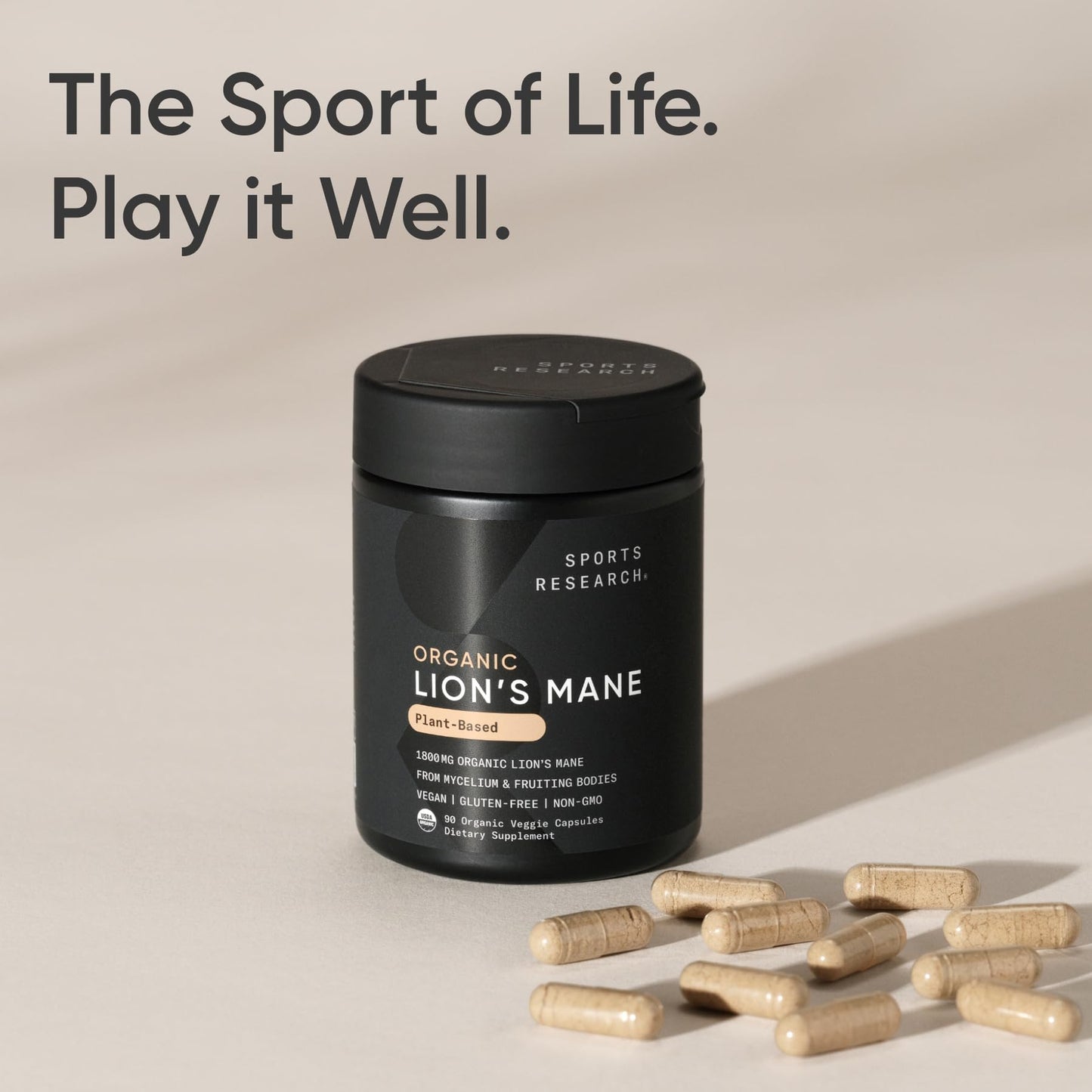 Sports Research® Organic Lion's Mane Mushroom Supplement 1800mg - Brain Health, Focus & Cognitive Supports - USDA Certified Organic · Non-GMO · Vegan - 90 Count Capsules Sports Research