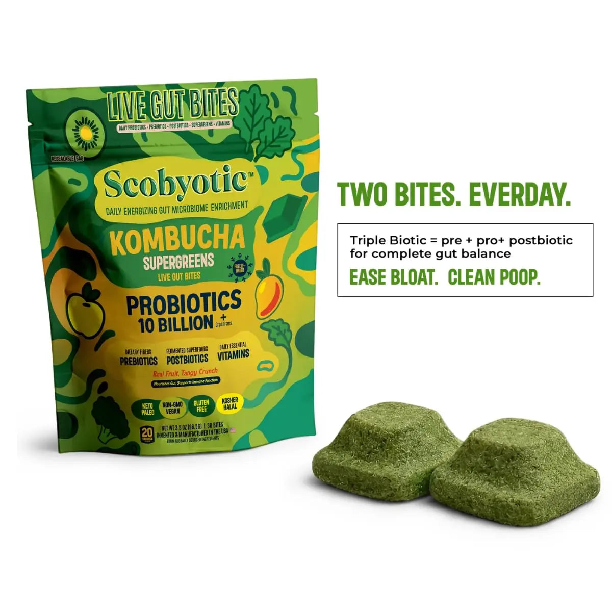 Scobyotic® Kombucha Supergreens Live Gut Bites – 10 Billion CFU Probiotics + Prebiotics & Postbiotics – Kombucha & Supergreens – Freeze-Dried Probiotic Supplement Scobyotic
