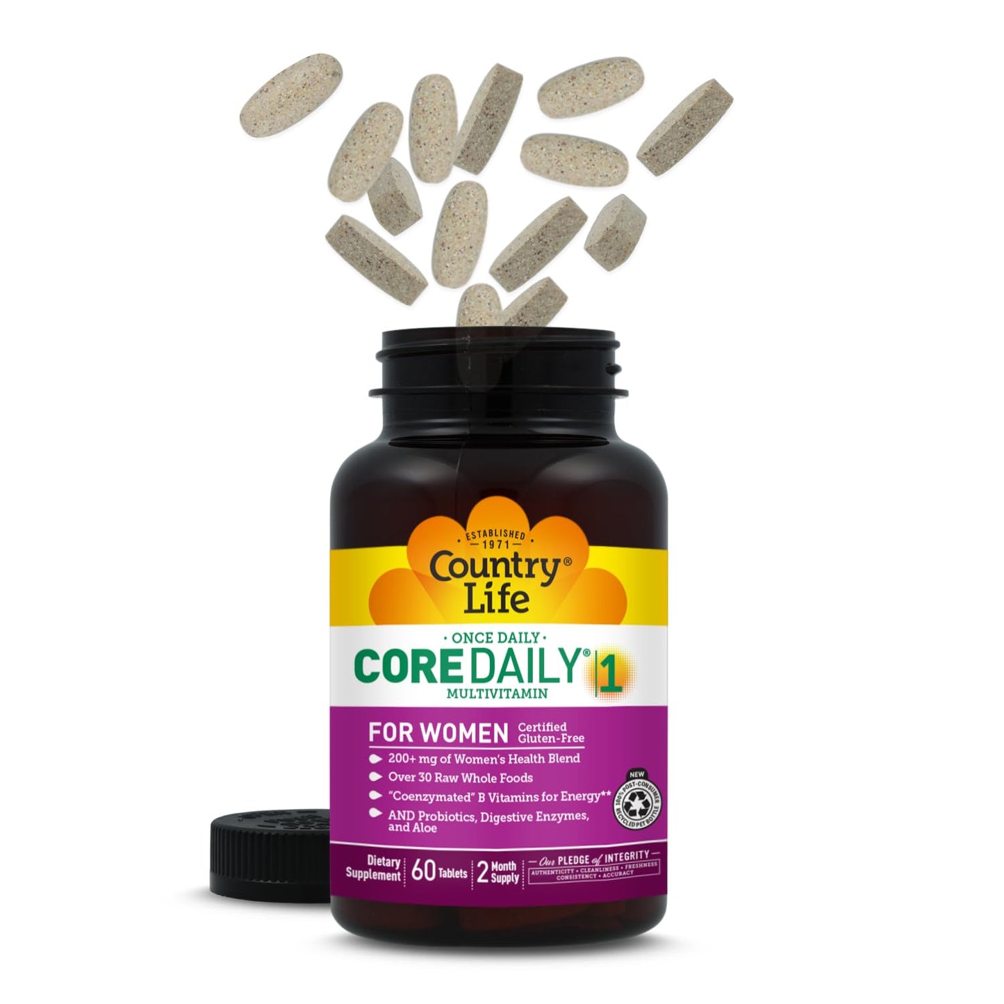Country Life Women’s Core 1 Daily Multivitamin with Iron, Cranberry, Probiotics, and Digestive Enzymes-Certified Gluten-Free Formula for Energy, Immune Support and Complete Digestive Health,60 Tablets Country Life
