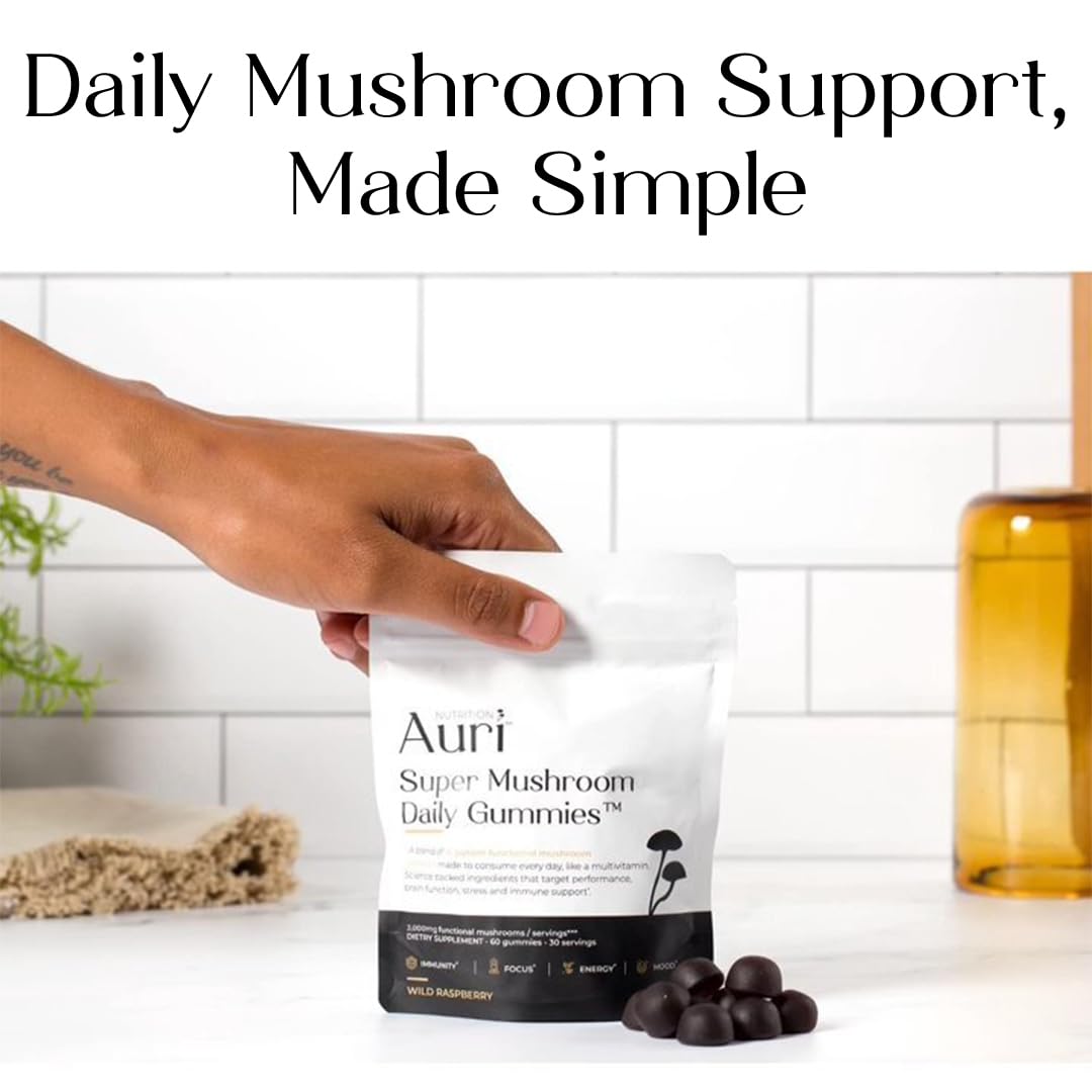 Auri Nutrition Super Mushroom Daily Gummies – All-in-One Functional Gummy with 12 Mushroom Blend Including Lion’s Mane Auri