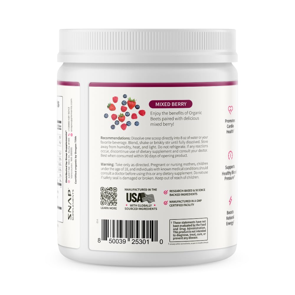 Snap Supplements Organic Beet Root Powder Nitric Oxide Supplement for Men & Women, Red Spinach & Pomegranate, Supports Healthy Energy & Blood Pressure Already in Normal Range, 30 Servings, Mixed Berry Snap Supplements