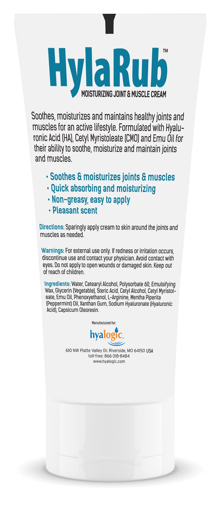 HylaRub HA Joint & Muscle Cream – Hyaluronic Acid Muscle Rub w/Emu Oil & CMO – Non Greasy, Soothes, Moisturizes & Maintains Shoulders, Knees, Back, HIPS & More 6 oz. by Hyalogic Hyalogic