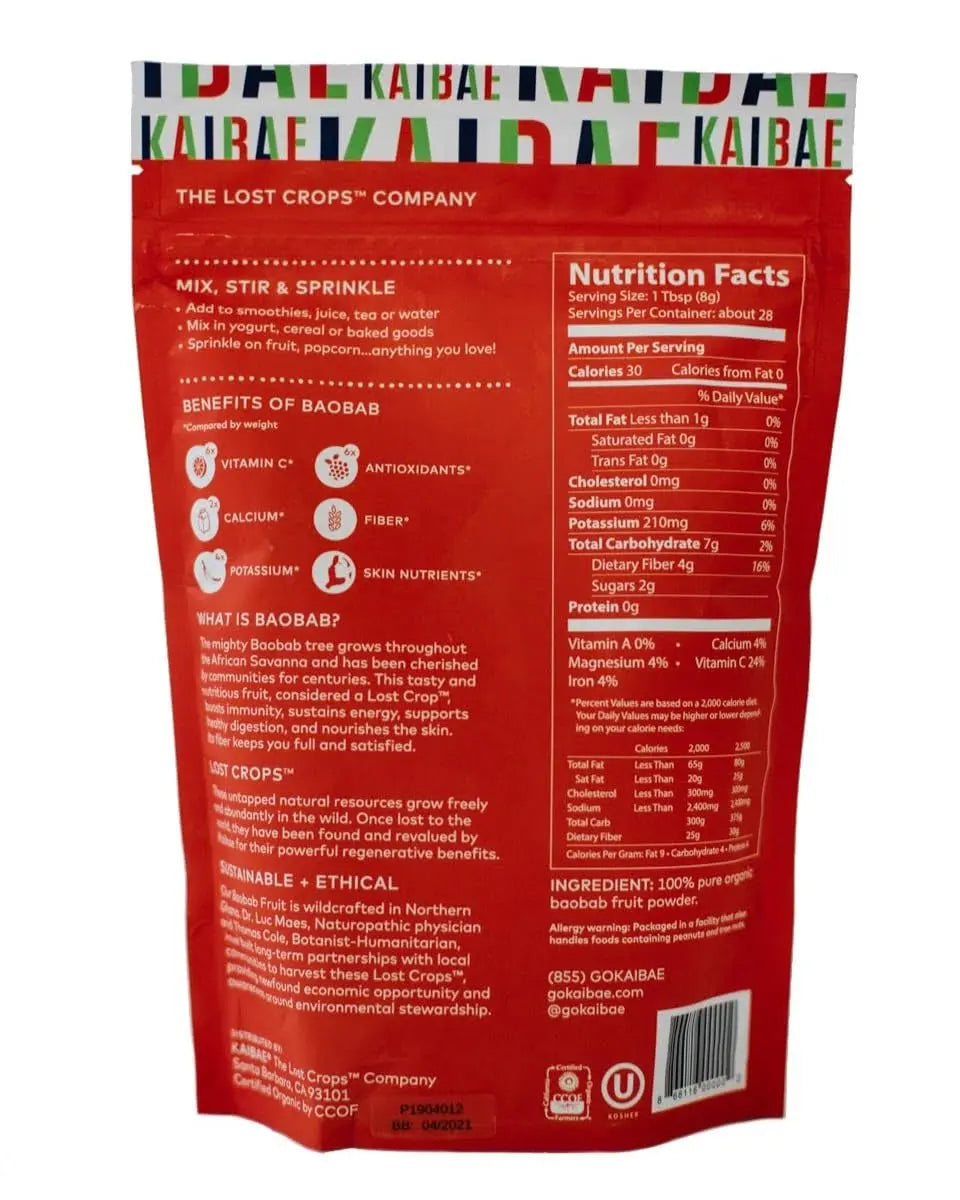KAIBAE Premium Organic Baobab Powder | Prebiotic Fiber Superfood for Gut & Metabolic Health | Vitamin C + Polyphenols | Gluten-Free, Non-GMO, Vegan | 8 oz. KAIBAE