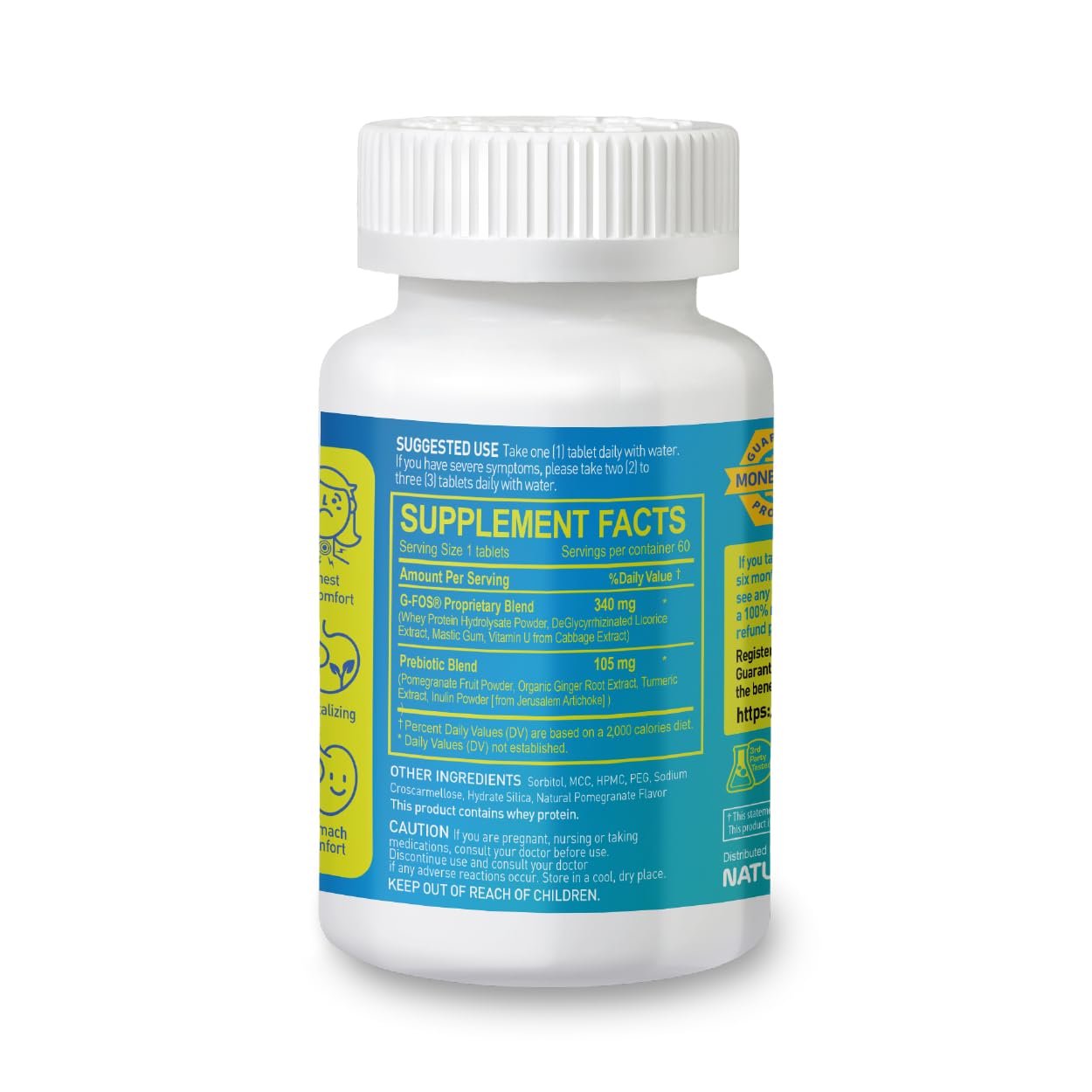Gastro Support – Digestive Health Supplement with G-FOS Blend, Organic Ginger Root, Licorice Extract, Mastic Gum & Pomegranate – Supports Digestive Comfort & Gut Balance – 60 Tablets, 60 Day Supply NATURION