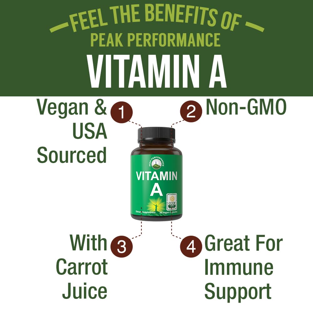 Certified Organic Vitamin A 5000 IU Supplement Capsules High Potency Vitamins. for Adults, Men, Women, Kids. Made with Carrot Juice. Great for Immune, Skin, Eye Support. Non GMO, Vegan Pills Peak Performance