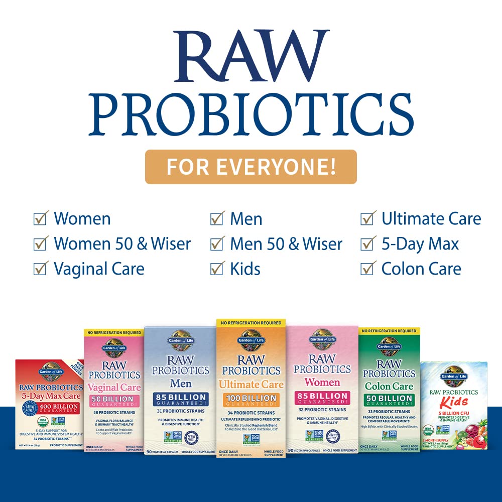 Garden of Life Raw Probiotics for Women and Men with Digestive Enzymes, 100 Billion CFU, Clinically Studied Strains, Shelf Stable, 30 Capsules Garden of Life