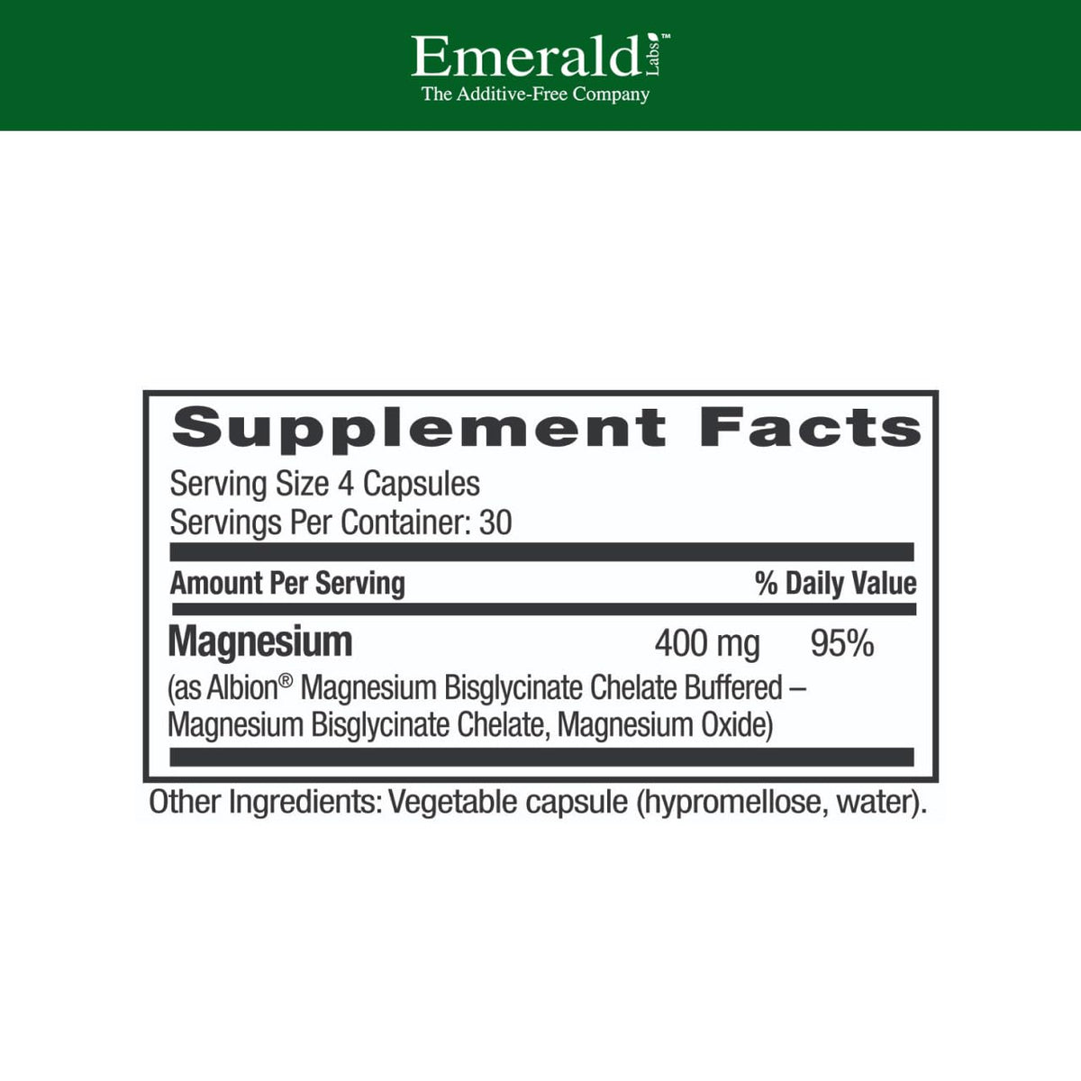Emerald Labs Magnesium 400mg - Bone & Sleep Support with Albion Magnesium* - Vegan Friendly - 120 Vegetable Capsules (30-Day Supply) EMERALD LABS