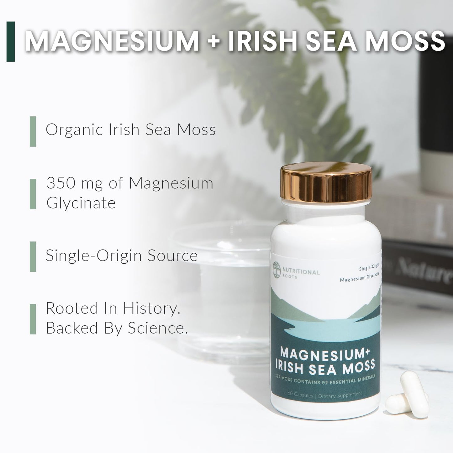 Nutritional Roots - Magnesium + Irish Sea Moss - 350mg Magnesium Glycinate & Organic Irish Sea Moss - Essential Minerals - Supports Heart & Bone Health - Dietary Supplement - 30 Servings - 60 Capsules Nutritional Roots