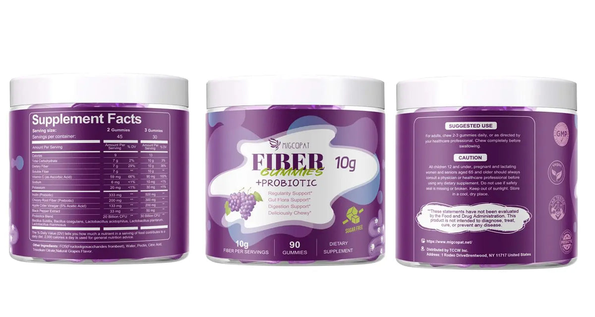 Migcopat 10G Fiber Gummies with 30 Billion CFU Probiotics, Grape Flavor, Bloating Support, Fiber Supplement with Vitamin C, Migcopat