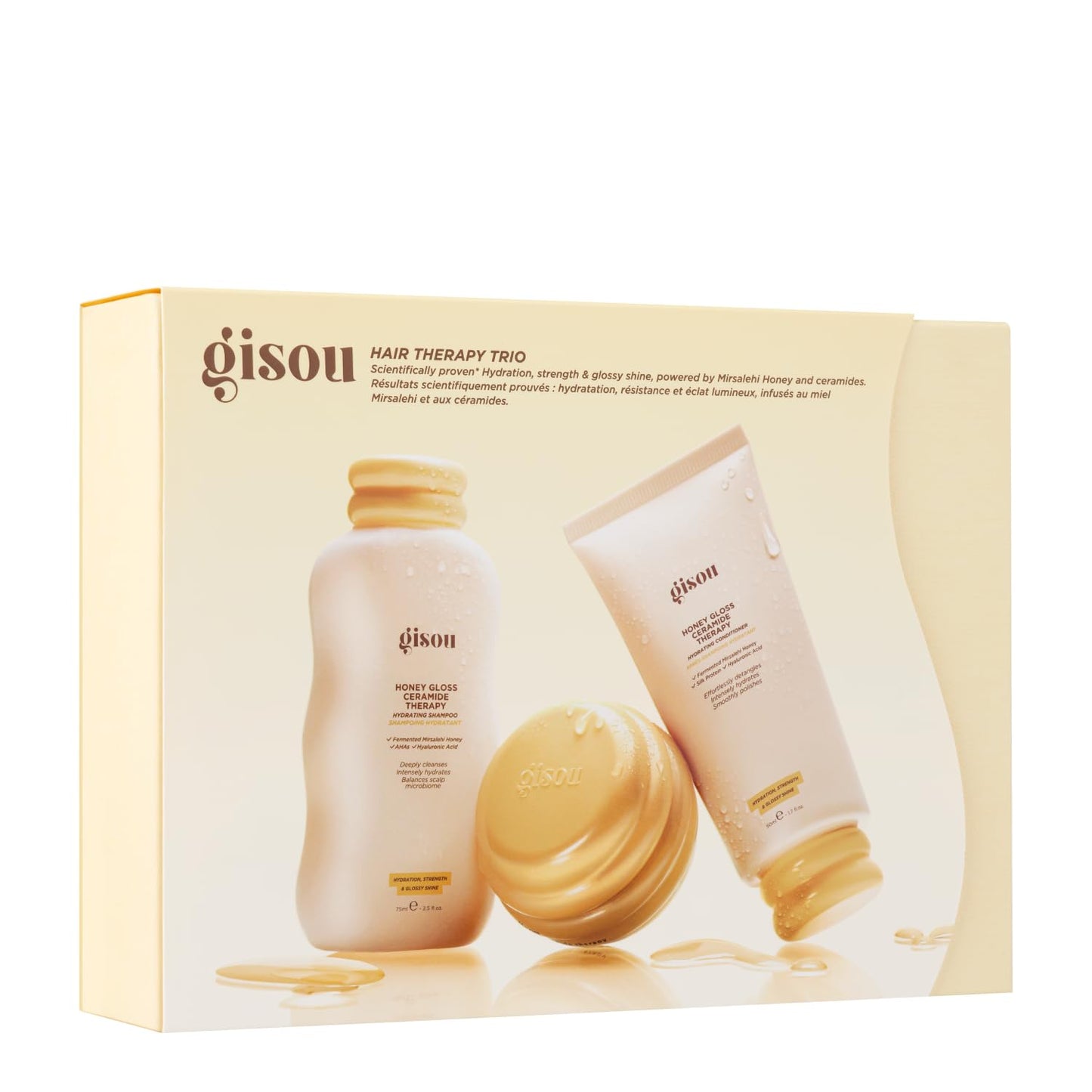 Gisou Honey Gloss Hair Therapy Trio - Mini Shampoo, Hair Mask and Conditioner for smoother, stronger and glossier hair Gisou