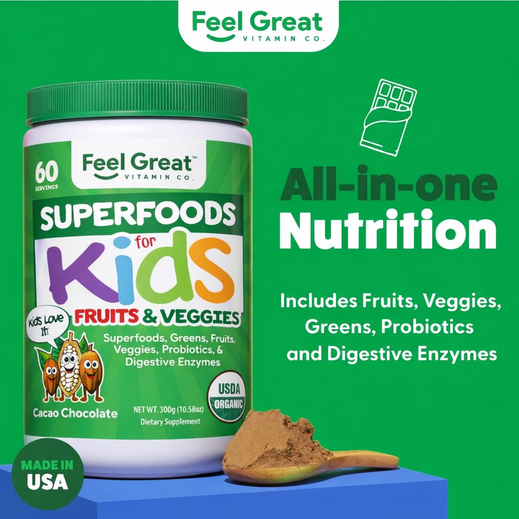 Feel Great USDA Organic Super Greens Powder for Kids - Cocao Chocolate | Fruit & Veggie Supplement | Superfood Powder with Probiotics & Digestive Enzymes for Digestive Health | 60 Days Supply The Feel Great Vitamin Company
