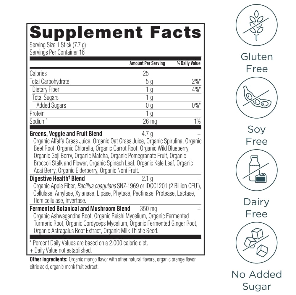 Ancient Nutrition SuperGreens Powder with Probiotics, Organic Mango Flavor Greens, Made from Real Fruits, Vegetables and Herbs, Digestive and Energy Support, 16 Stick Packs, 4.3oz Ancient Nutrition