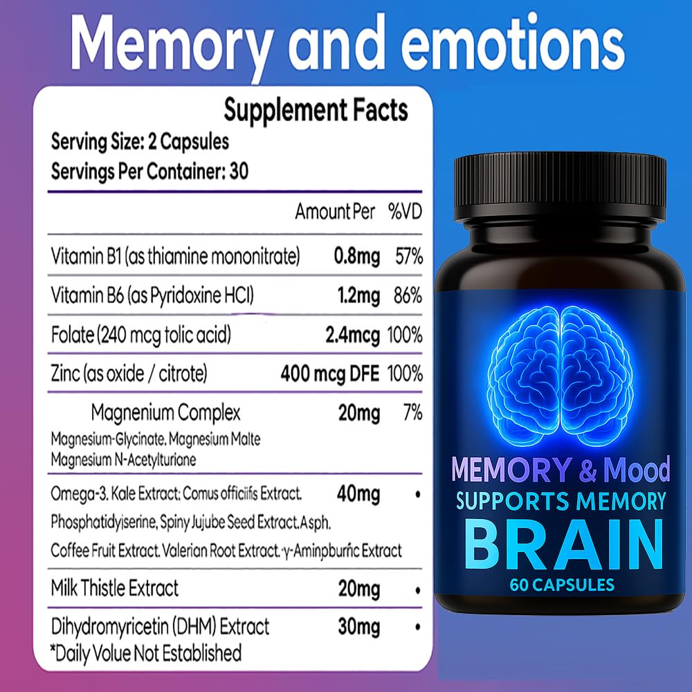 Nootropic Brain Supplements for Memory and Focus, Cognitive Support Formula with B Vitamins, Folate & Dihydromyricetin – Mental Clarity & Daily Performance, 60 Capsules (1) DFTLUUE