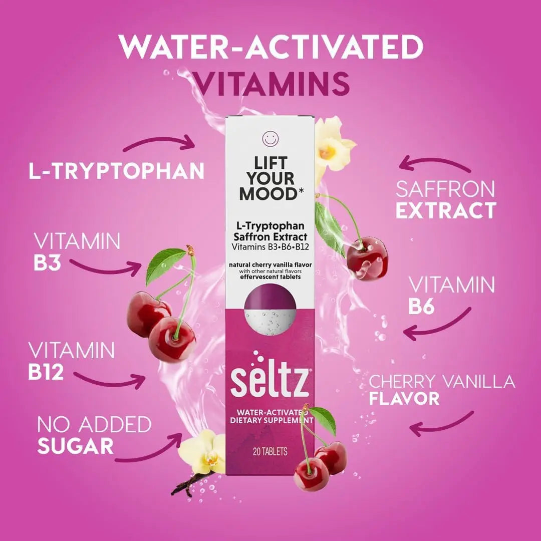 Seltz® Lift Your Mood – Effervescent Vitamins for Mood Support & Energy with L-Tryptophan, Saffron Extract & B Vitamins (B3, B6, B12) Seltz