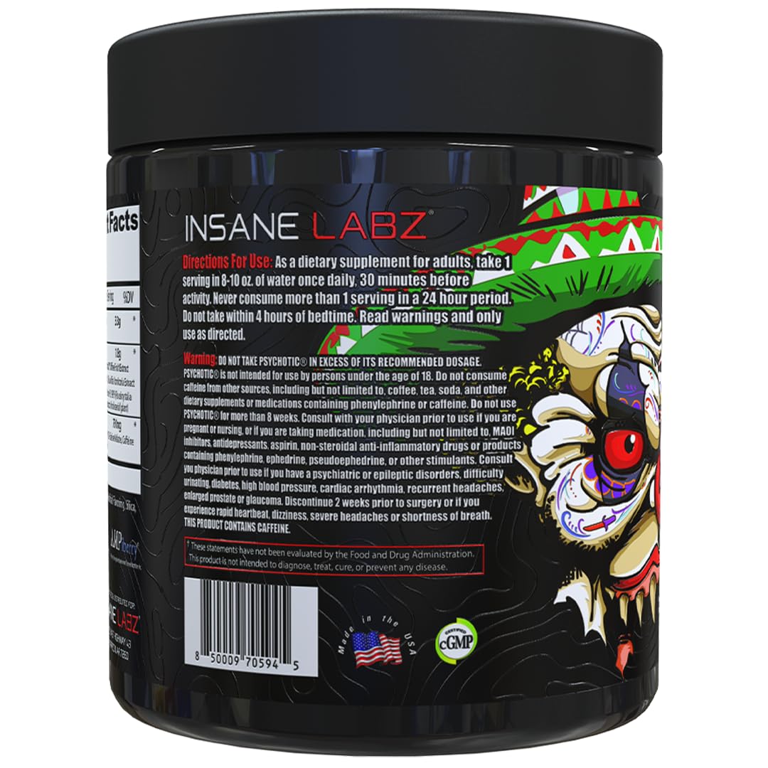 Insane Labz Psychotic Xtreme, High Stimulant Pre Workout Powder, Extreme Lasting Energy, Focus and Endurance with Beta Alanine, Panax Ginseng, Theobromine, DMAE (30 Servings, Fruit Punch)