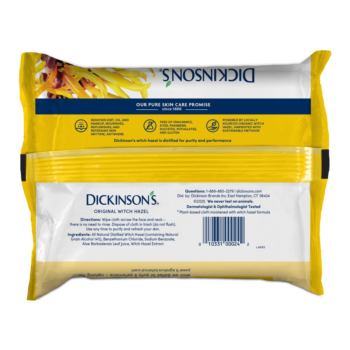 Dickinson's Witch Hazel Cleansing Cloths with Aloe | 25 Extra-Large Cloths Dickinson's