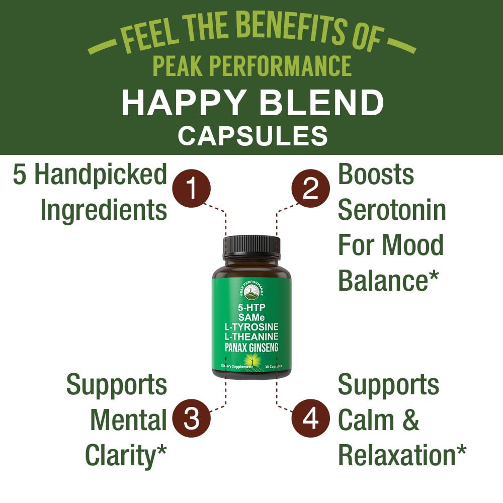 Peak Performance Mood Support Supplement with 5 Top Ingredients: 5HTP, SAM e, L Tyrosine, L Theanine, and Panax Ginseng. Calm, Focus, Relaxation Supplements. Vegan Peak Performance
