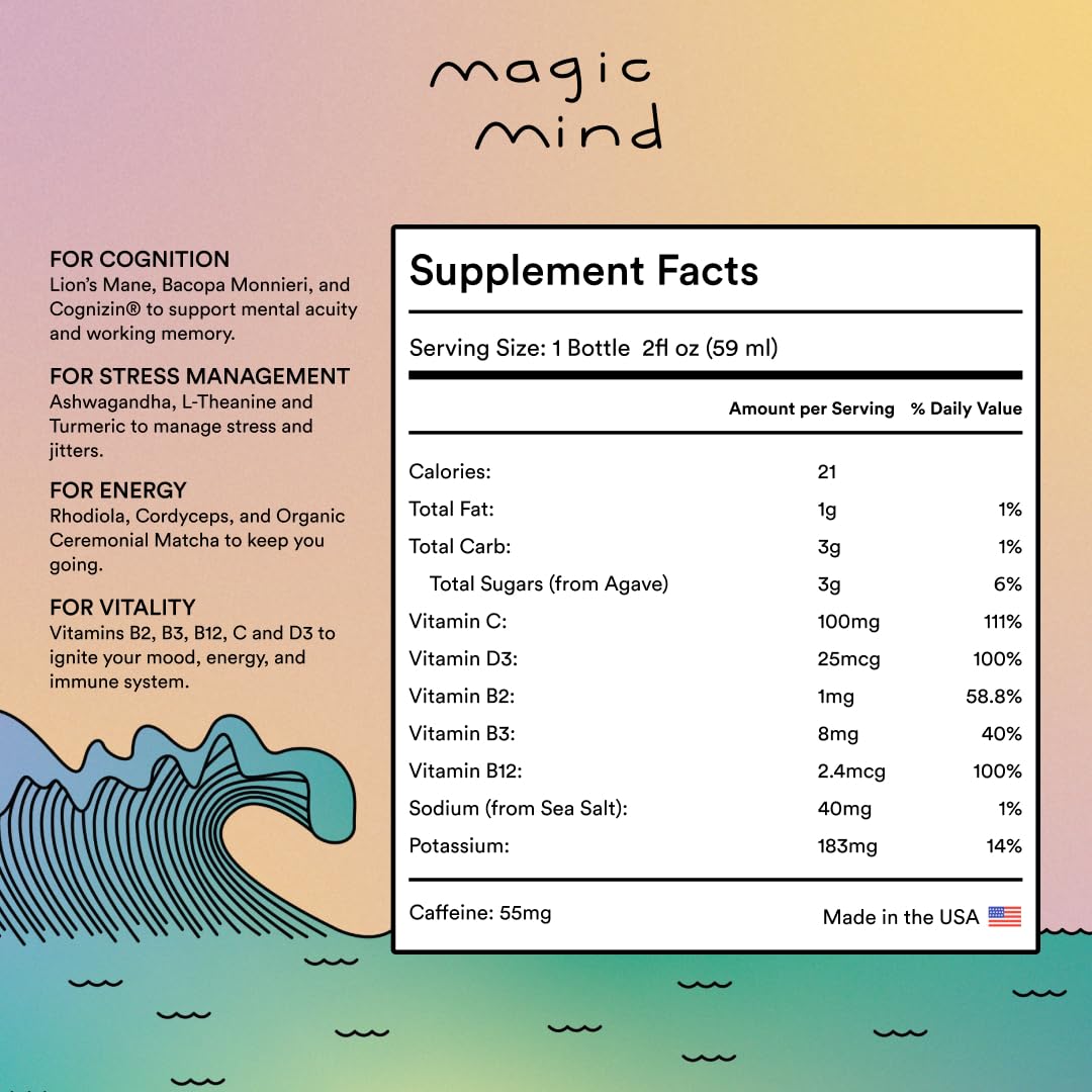 Magic Mind Energy And Focus Drink Shots - Stress Relieving, No Jitters, Ashwagandha, Vitamin B12, Vitamin C, Matcha Green Tea, Functional Mushrooms - 2 FL Oz (15 Pack) Magic Mind