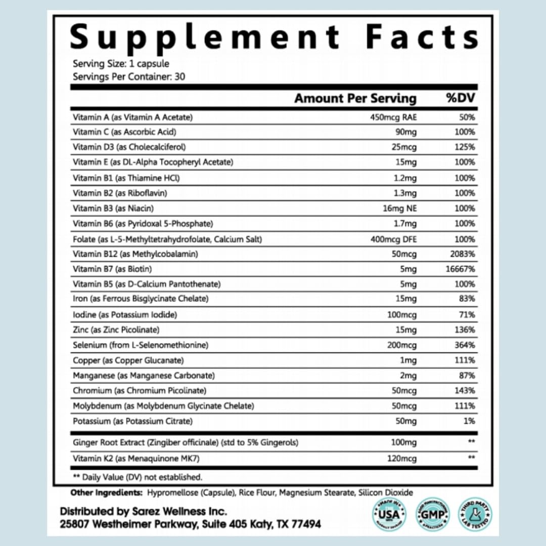 Sarez GLP-1 Support Capsules — Methylated Vitamins & Chelated Minerals — Energy, Metabolism, Hair & Daily Nutrient Support — with Ginger for Nausea — Gentle on Stomach — 30 Day Supply Sarez