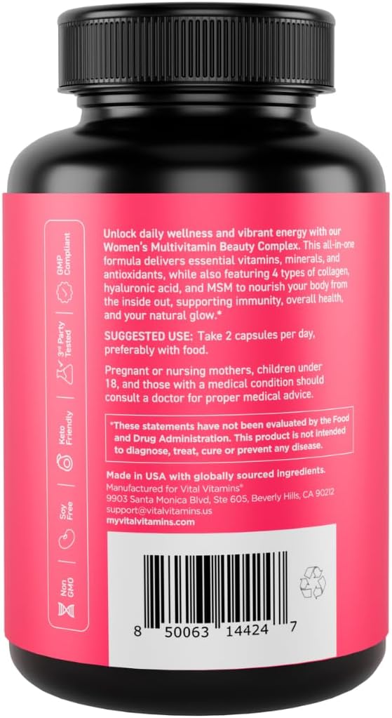 Vital Vitamins Women's Multivitamin Complex with Collagen & Hyaluronic Acid | 25 Vitamins and Minerals, Multi-Collagen Blend, Hyaluronic Acid & MSM for Hair, Skin & Nails, 60 Capsules Gsupps Australia