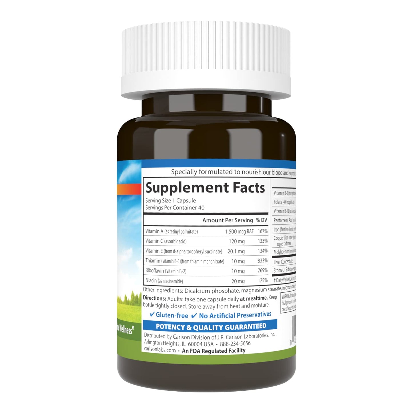Carlson - Blood Nutrients, 28 mg Iron, Blood Development, Iron Absorption & Optimal Wellness, 40 Capsules Carlson