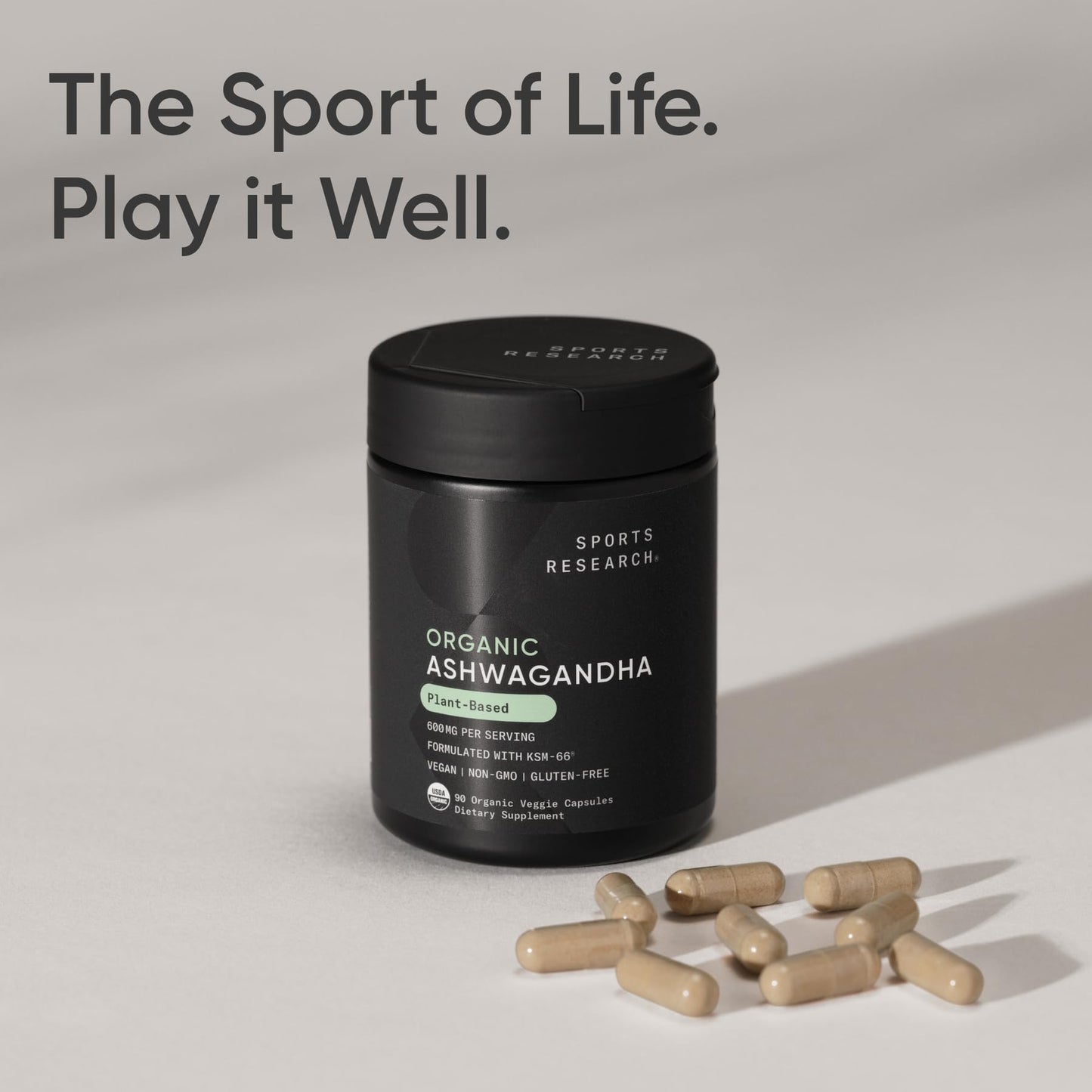 Sports Research® Organic Ashwagandha – Adaptogen for Relaxation, Calm & Sleep Support – Made with Organic KSM-66® – 600 mg – Non-GMO Verified, Gluten-Free, Certified Vegan – 90 Veggie Capsules Sports Research