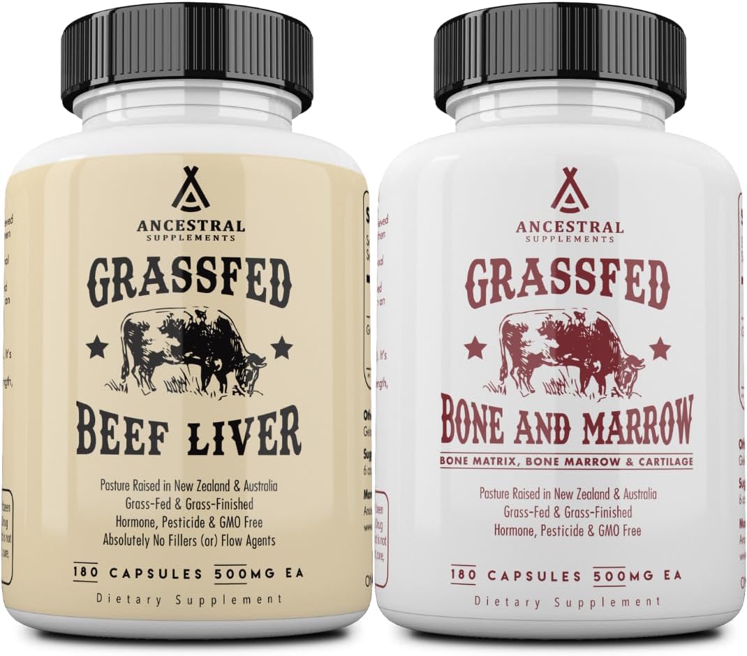 Ancestral Supplements Grass-Fed Beef Liver & Bone Marrow Capsules, 3000mg, Supports Energy, Digestion, Immunity, Skin, Oral Health, Joint Wellness, Non-GMO, Freeze-Dried, 180 Capsules, (Bundle 2 Pack) Gsupps Australia