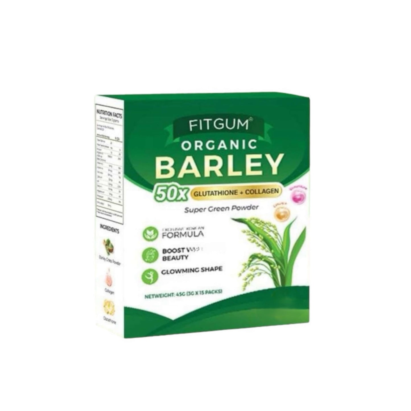 FIT Gum Organic Barley 50X Glutathione & Collagen Super Green Powder - 3g x 15 Sachets UKWellnessHub