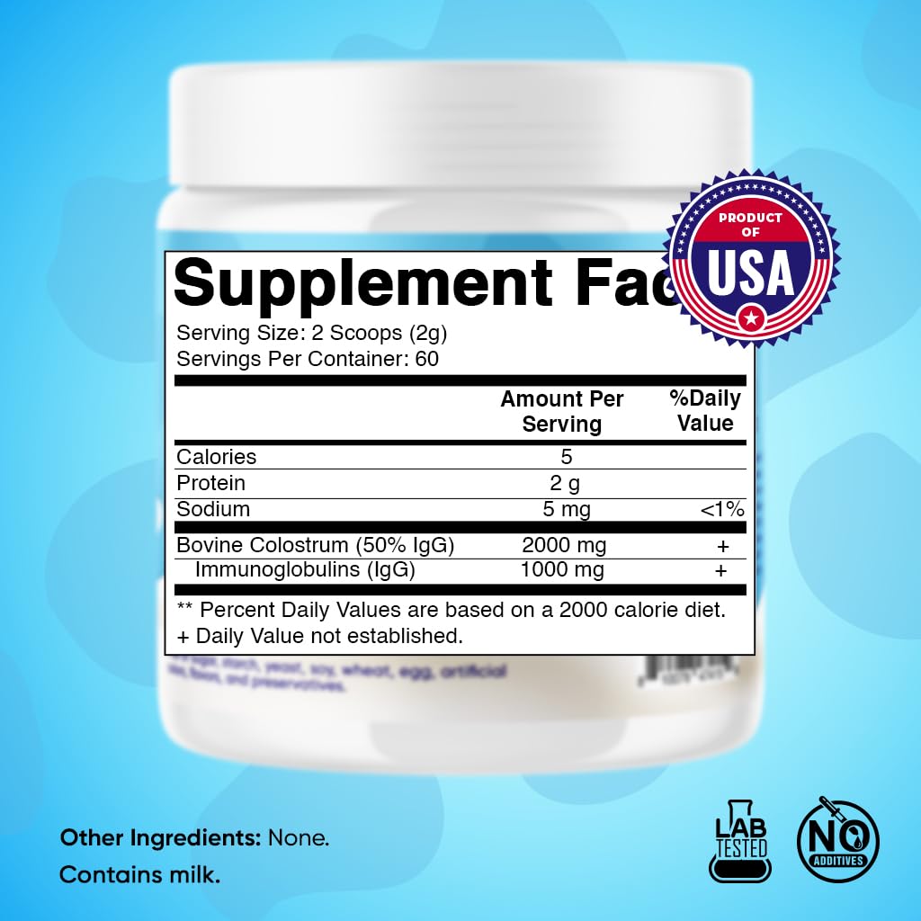 Vitamatic Bovine Colostrum Powder - 50% Highest IgG -120 Gram - Supplement for Gut Health, Hair Growth, Beauty, Muscle Recovery, & Immune Support - Easy to Mix - Unflavored - 60 Servings Vitamatic