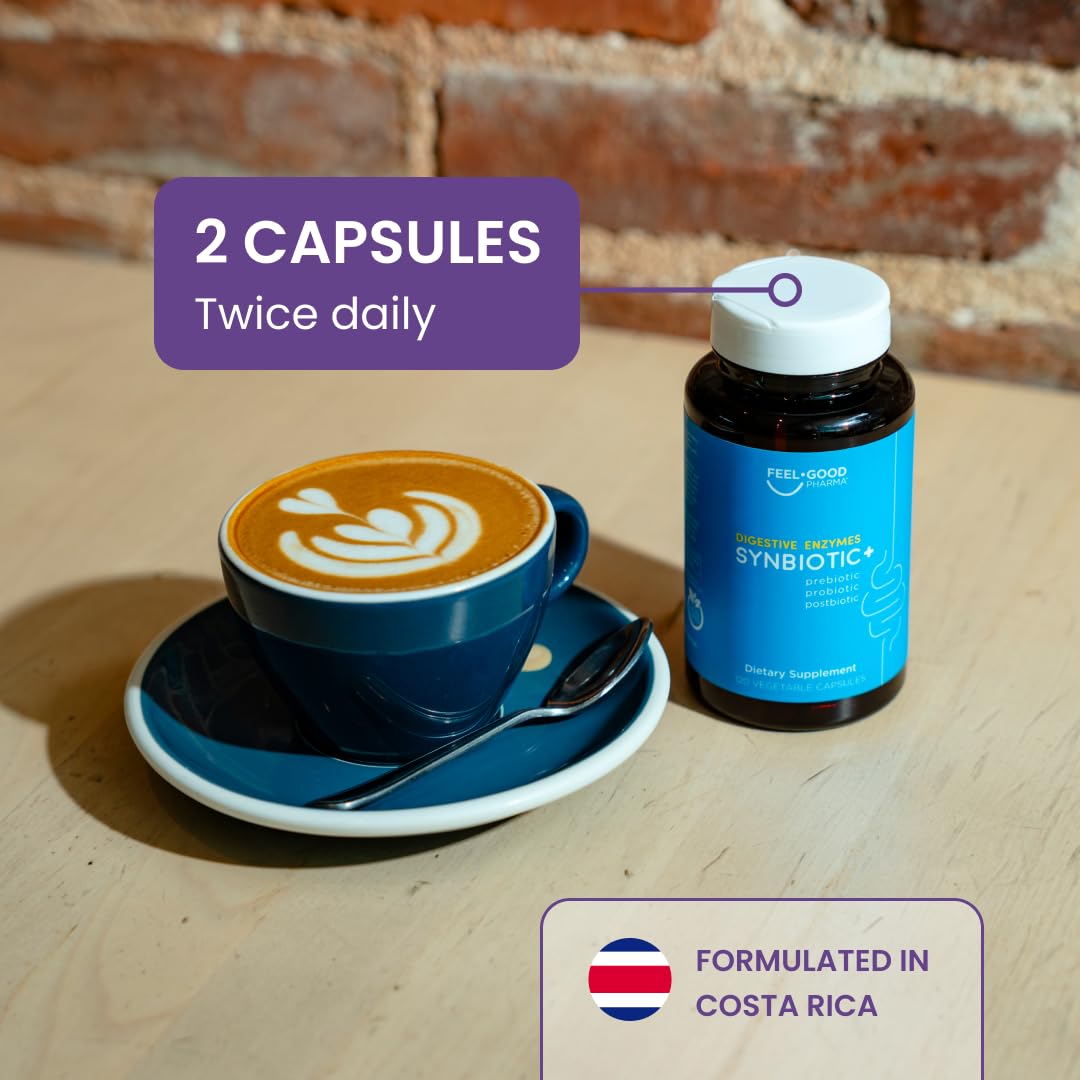 Feel Good Digestive Enzymes 4-in-1 Synbiotic+ – with Prebiotics, Probiotics & Postbiotics – Gut Health, Digestion & Bloating Relief FEEL GOOD PHARMA